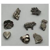 Set of 8 Pewter MVB 84 Character buttons featuring Animal and Heart Designs