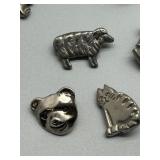 Set of 8 Pewter MVB 84 Character buttons featuring Animal and Heart Designs