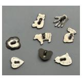 Set of 8 Pewter MVB 84 Character buttons featuring Animal and Heart Designs