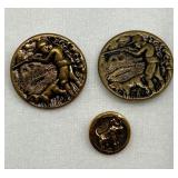 Set of 3 Antique Brass Buttons Depicting Hunter With Dog and Terrier Dog Design