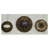 Set of 3 Antique Victorian Decorative Brass and Amythest Stone Buttons