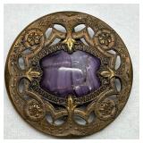 Set of 3 Antique Victorian Decorative Brass and Amythest Stone Buttons