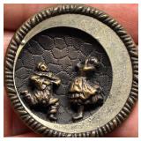 Rare Antique Brass Story Button with Flamenco Dancing Figures Diorama Relief