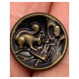 Antique Brass Story Button with Unique SQUIRREL Scene Acorn Design