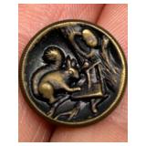 Antique Brass Story Button with Unique SQUIRREL Scene Acorn Design