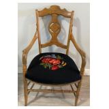 Antique Sturdy Wooden Armchair with Needlepoint Floral Seat