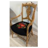 Antique Sturdy Wooden Armchair with Needlepoint Floral Seat