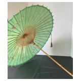 Antique Japanese Bamboo and Silk Parasol with Floral Embroidery