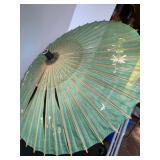 Antique Japanese Bamboo and Silk Parasol with Floral Embroidery