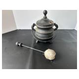 MCM Cast Iron Colonial Repro Fire Starter Smudge Pot by Virginia Metalcrafters w/ Stone Wand