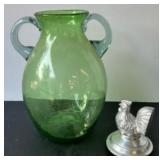 Green Glass Double Handle Jug with Metal Rooster Lid