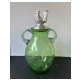 Green Glass Double Handle Jug with Metal Rooster Lid
