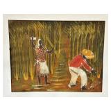 Framed Folk Art Painting Signed by Artist - Harvest Scene