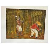 Framed Folk Art Painting Signed by Artist - Harvest Scene