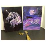 Lot of 2 Susan J. Dawe Unicorn Art Prints with Brass Unicorn Shoe Horn and Horse Head Keychain