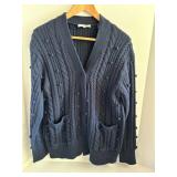 White + Warren Navy Cable Knit Cardigan Sweater, Size Small