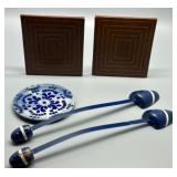 Collection of Costa Nova Plate, MCM Leather Wrapped Bookends, and Shoe Stretchers