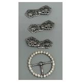 Set of 3 Nordic Pewter Metal Sweater Hook Buttons and Rhinestone Belt Buckle