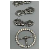 Set of 3 Nordic Pewter Metal Sweater Hook Buttons and Rhinestone Belt Buckle