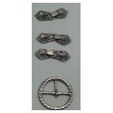 Set of 3 Nordic Pewter Metal Sweater Hook Buttons and Rhinestone Belt Buckle