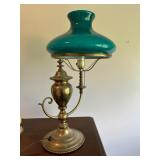 Antique Victorian Electrified Brass Company One Arm Student Lamp W/ Green Glass Shade
