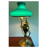 Antique Victorian Electrified Brass Company One Arm Student Lamp W/ Green Glass Shade