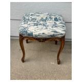 Antique Carved Wood Stool with Horse Racing Toile Upholstery