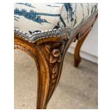 Antique Carved Wood Stool with Horse Racing Toile Upholstery