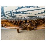 Antique Carved Wood Stool with Horse Racing Toile Upholstery