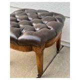 Vintage MCM Tufted Leather Ottoman Stool with Brass Casters