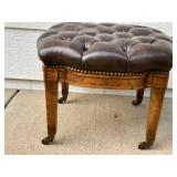 Vintage MCM Tufted Leather Ottoman Stool with Brass Casters