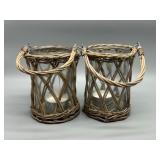 Large Pair of Wicker and Glass Candle Lanterns with Handles