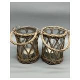 Large Pair of Wicker and Glass Candle Lanterns with Handles