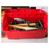 Plastic Tool Box with Assorted Hand Tools - Hammers, Handles, Screwdrivers, Mallet, Scissors, Adjustable Wrench, Putty Knife, Measure Stick, Sockets, Harware Plastic Tool Box with Assorted Hand Tools - Hammers, Handles, Screwdrivers, Mallet, Scissors, Adjustable Wrench, Putty Knife, Measure Stick, Sockets, Harware