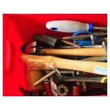 Plastic Tool Box with Assorted Hand Tools - Hammers, Handles, Screwdrivers, Mallet, Scissors, Adjustable Wrench, Putty Knife, Measure Stick, Sockets, Harware Plastic Tool Box with Assorted Hand Tools - Hammers, Handles, Screwdrivers, Mallet, Scissors, Adjustable Wrench, Putty Knife, Measure Stick, Sockets, Harware