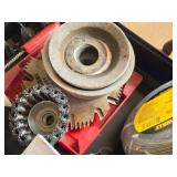 Assorted Grinding Wheels, Assorted Saw Blades, (2) DeWalt Tool Cases (empty)