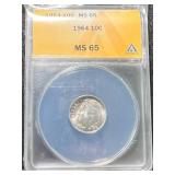 1964 US ROOSEVELT DIME ANACS MS64