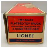 Vintage Lionel Flatbed Toy Truck With Three Dome Tanker Car TMT-18410 In Original Box (Box Has Damage)