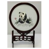 Vintage Chinese Panda Silk Embroidery With Carving Solid Wood 14" x 9 3/8"