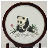 Vintage Chinese Panda Silk Embroidery With Carving Solid Wood 14" x 9 3/8"