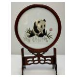 Vintage Chinese Panda Silk Embroidery With Carving Solid Wood 14" x 9 3/8"