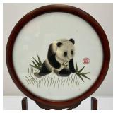 Vintage Chinese Panda Silk Embroidery With Carving Solid Wood 14" x 9 3/8"