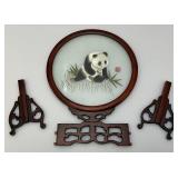 Vintage Chinese Panda Silk Embroidery With Carving Solid Wood 14" x 9 3/8"