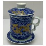 Vintage Dragon Themed Blue & White Three Piece Tea Cup And Saucer