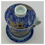 Vintage Dragon Themed Blue & White Three Piece Tea Cup And Saucer