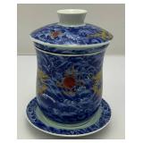 Vintage Dragon Themed Blue & White Three Piece Tea Cup And Saucer