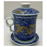 Vintage Dragon Themed Blue & White Three Piece Tea Cup And Saucer