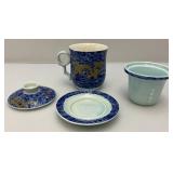 Vintage Dragon Themed Blue & White Three Piece Tea Cup And Saucer