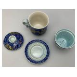 Vintage Dragon Themed Blue & White Three Piece Tea Cup And Saucer