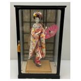 Vintage Oriental geisha Doll 17" With Glass And Wood Display Case (Has One Broken Glass Panel)